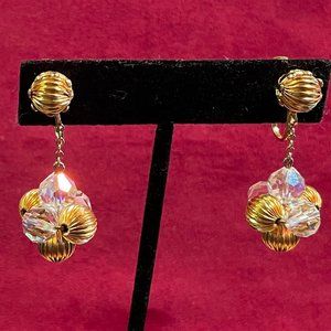 Vintage Goldtone Metal & Crystal Beaded Drop Earrings - Perfect Condition
